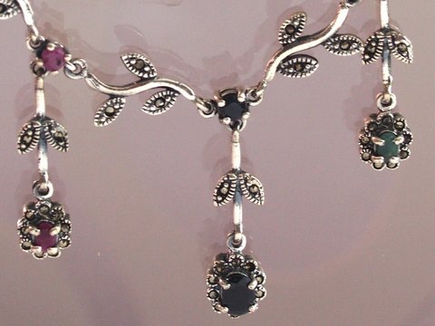 Collier Halskette floral 925 Silber Handarbeit Rubin Saphir Smaragd