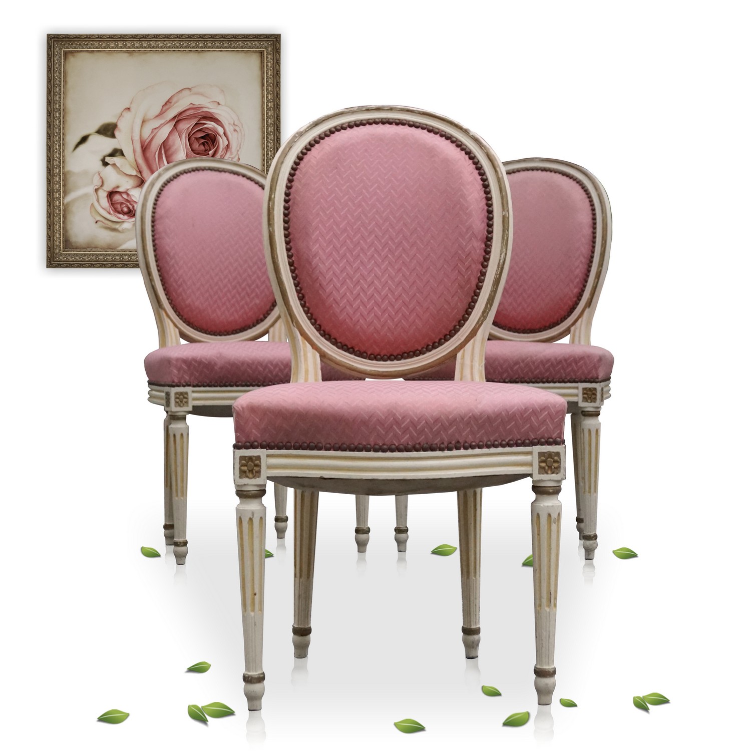 Sessel Louis XVI antike Massivholz Stilmöbel (1/4) weiß rosa