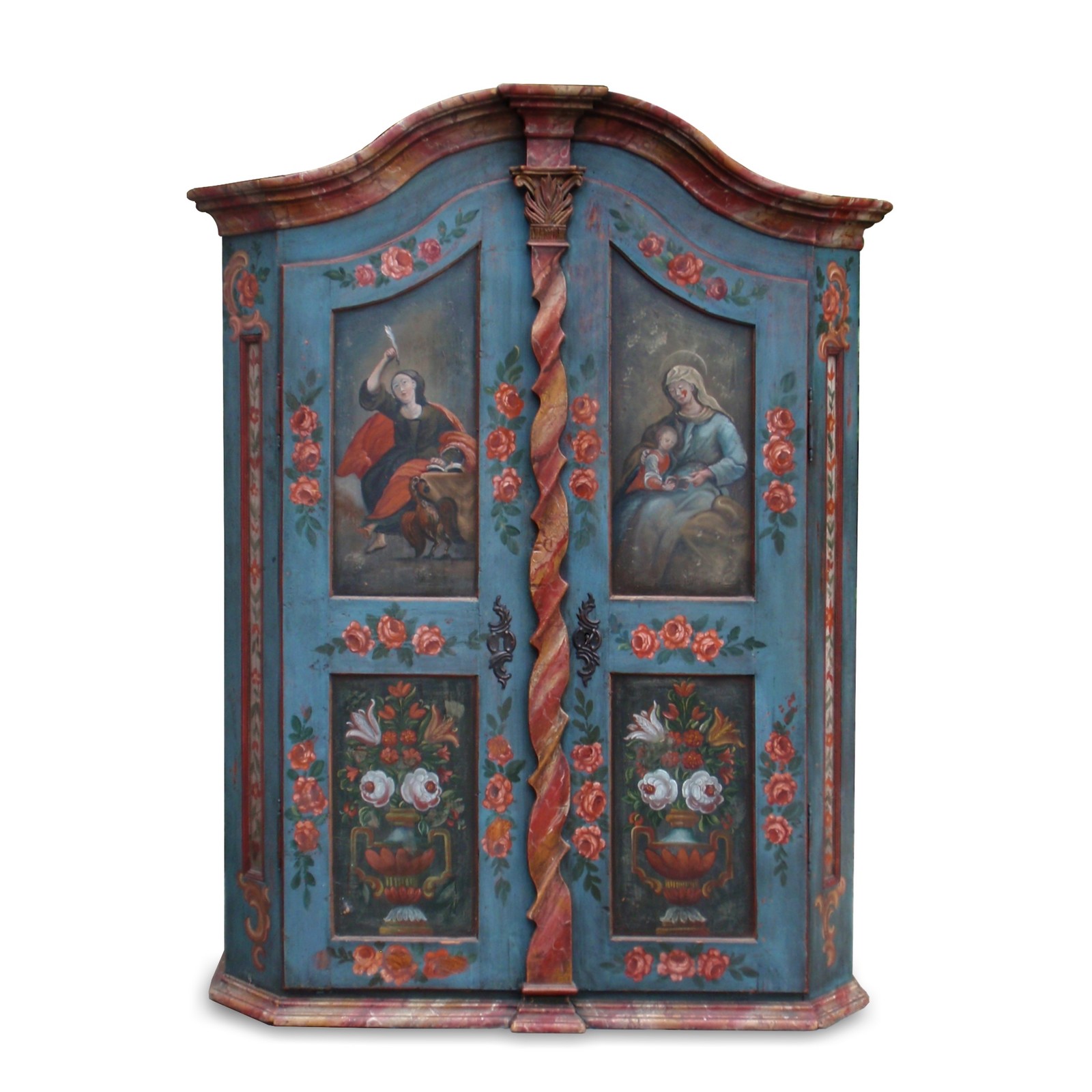 Bauernschrank antik bemalt sakral Hl. Anna lehrt Maria das Lesen Sakraler Bauernschrank antik Maria