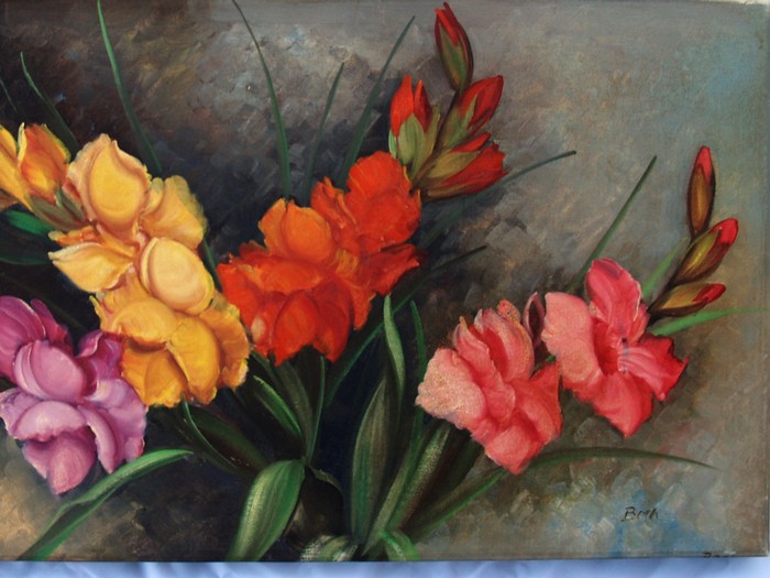 Ölbild vintage STilleben Blumen rosen gladiolen Öl auf Leinen antik rosa gelb grau