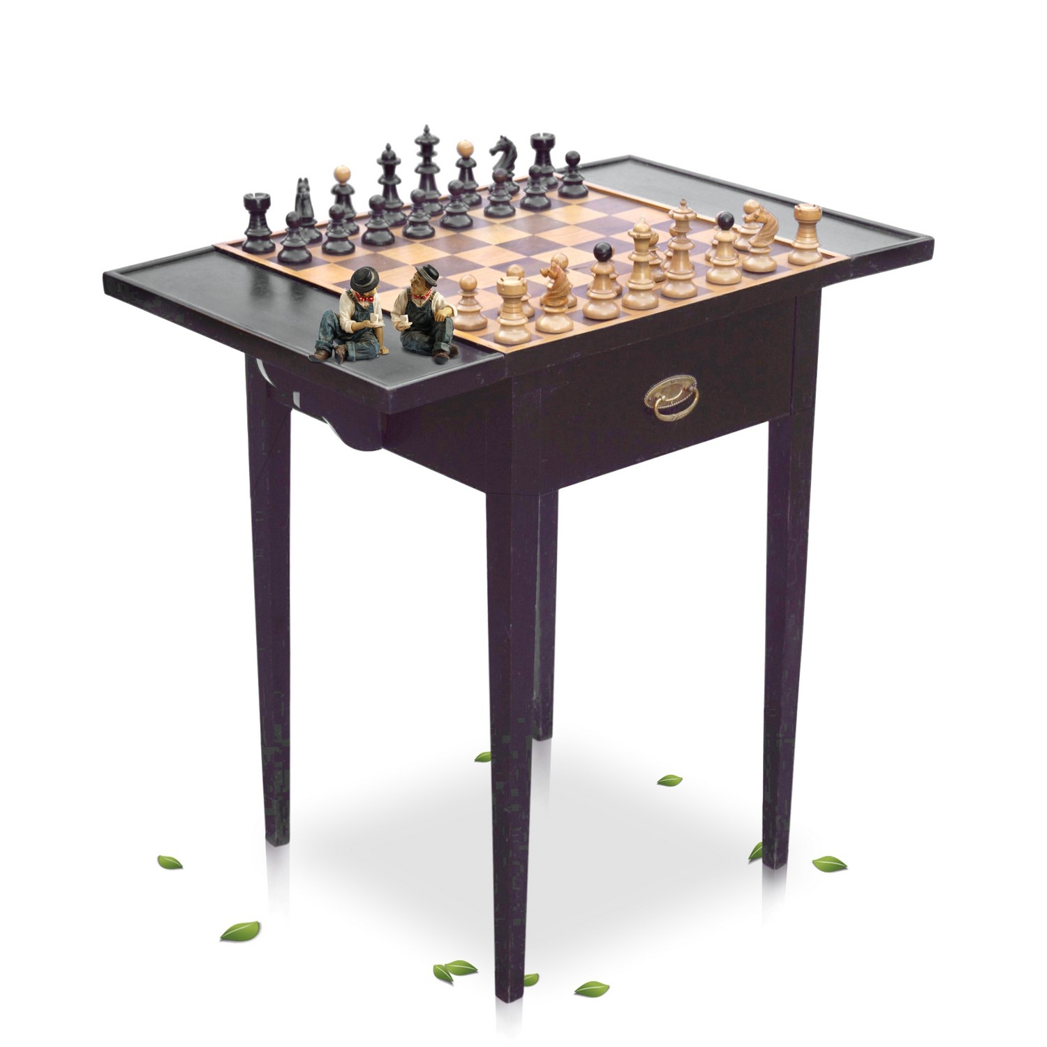 Schachtisch Jugendstil Spieltisch antik + geschnitzte Holz Spielfiguren Schachtisch Jugendstil schwarz ausklappbar Spieltisch antik