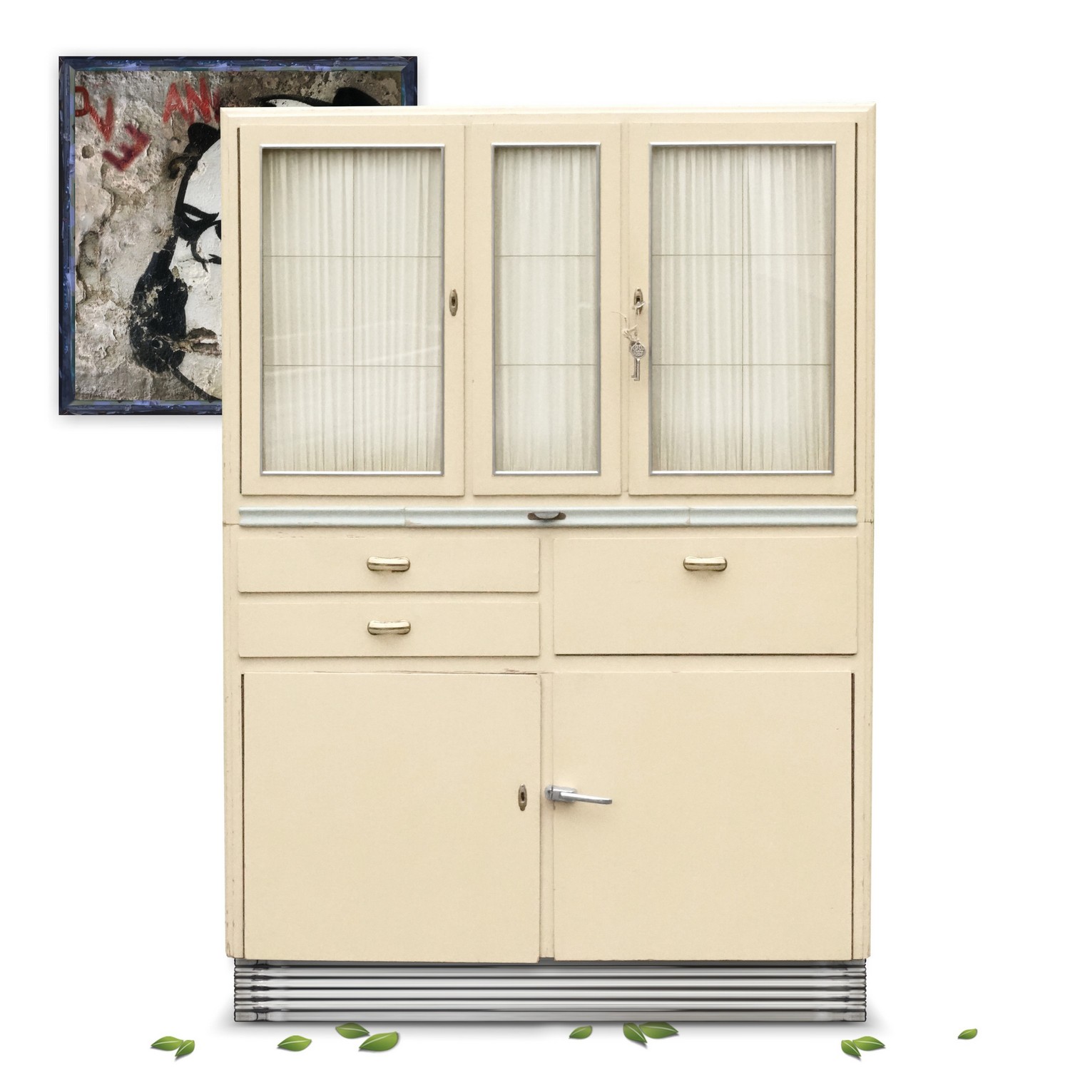 Küchenschrank creme Midcentury Vintage Schütten Schrank 50er-Jahre Vitrine Silberleiste