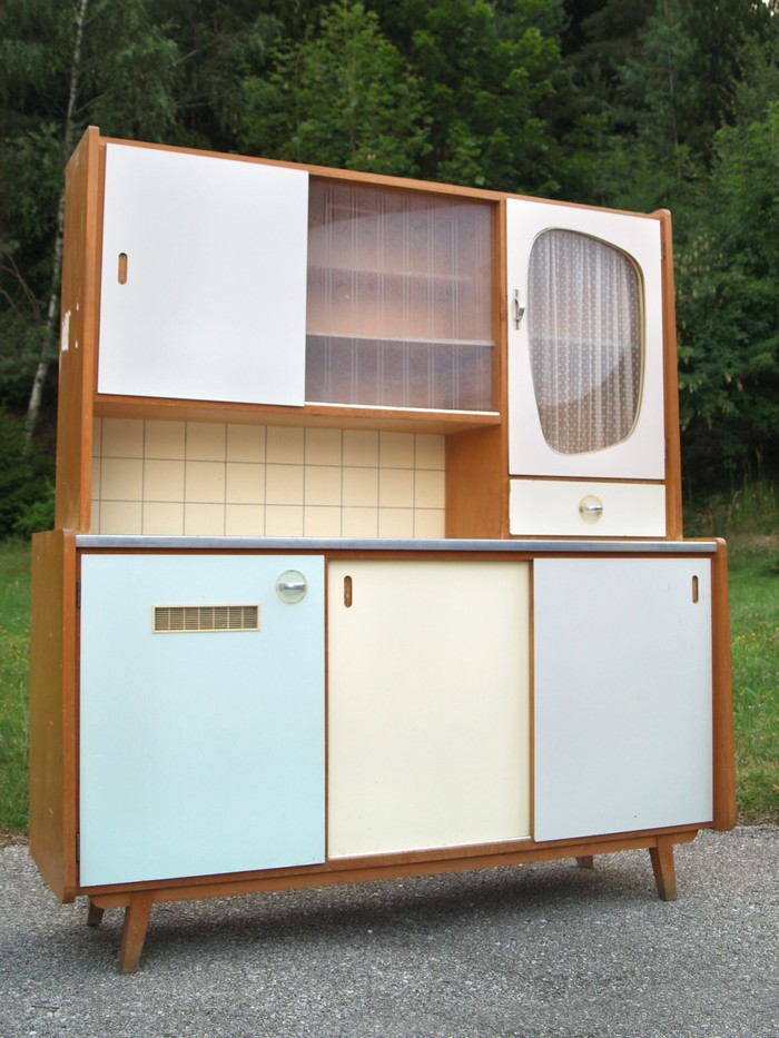 Vintage Küchenschrank Original Retro Möbel Vintage Küchenschrank Pastell Daisy 50er 60er-Jahre rosa blau Kredenz