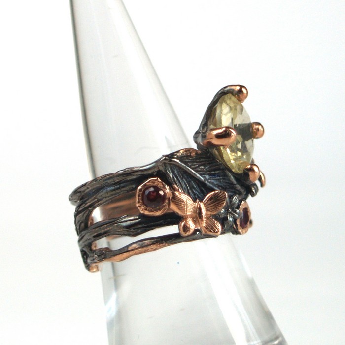 Ring 925 Silber Zitronenquarz Blüte Schmetterling handgefertigt