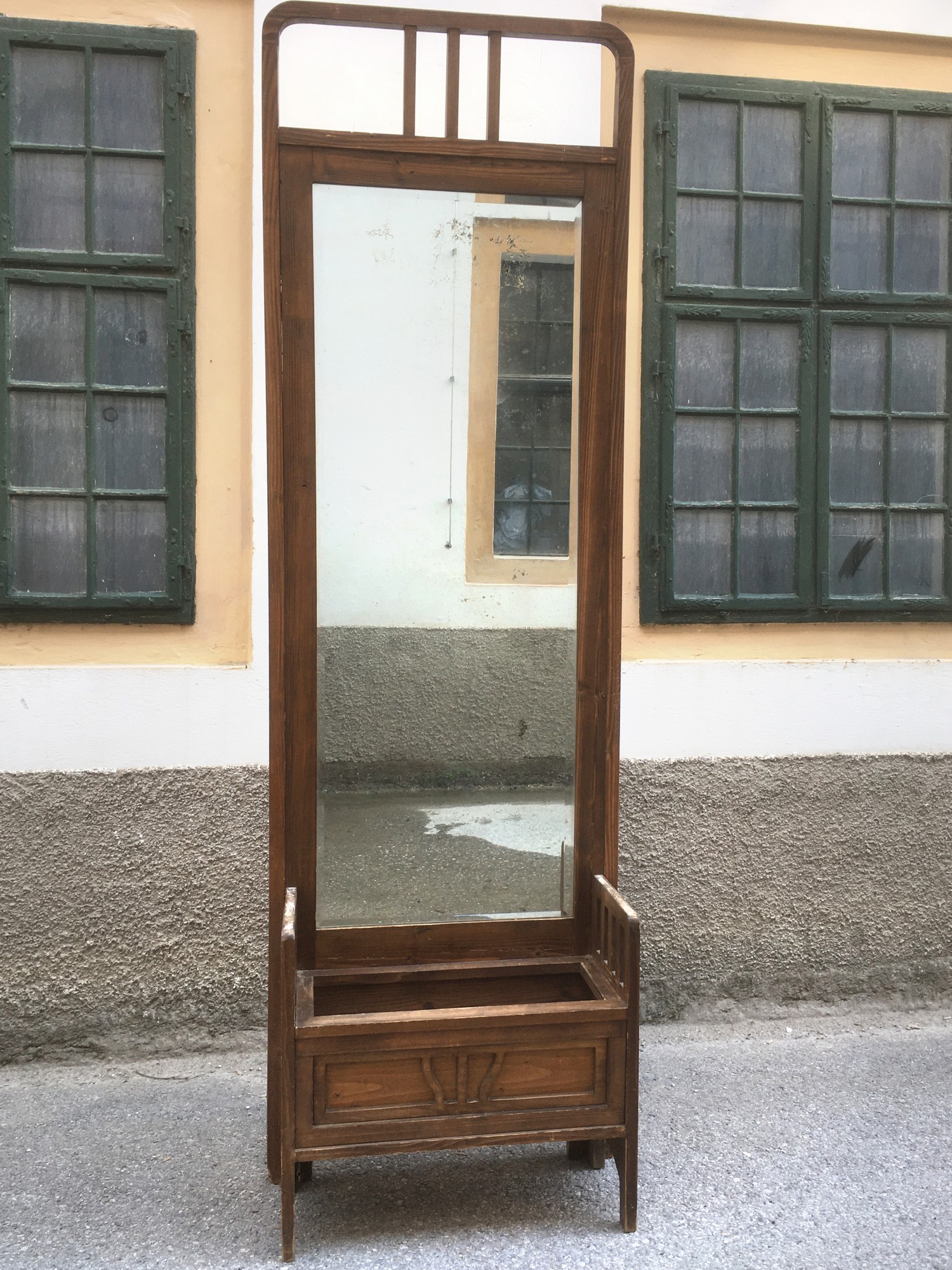 Jugendstil Spiegel Konsole Sitztruhe Nussholz antikes Möbel Truhenbank Garderobe Schrank