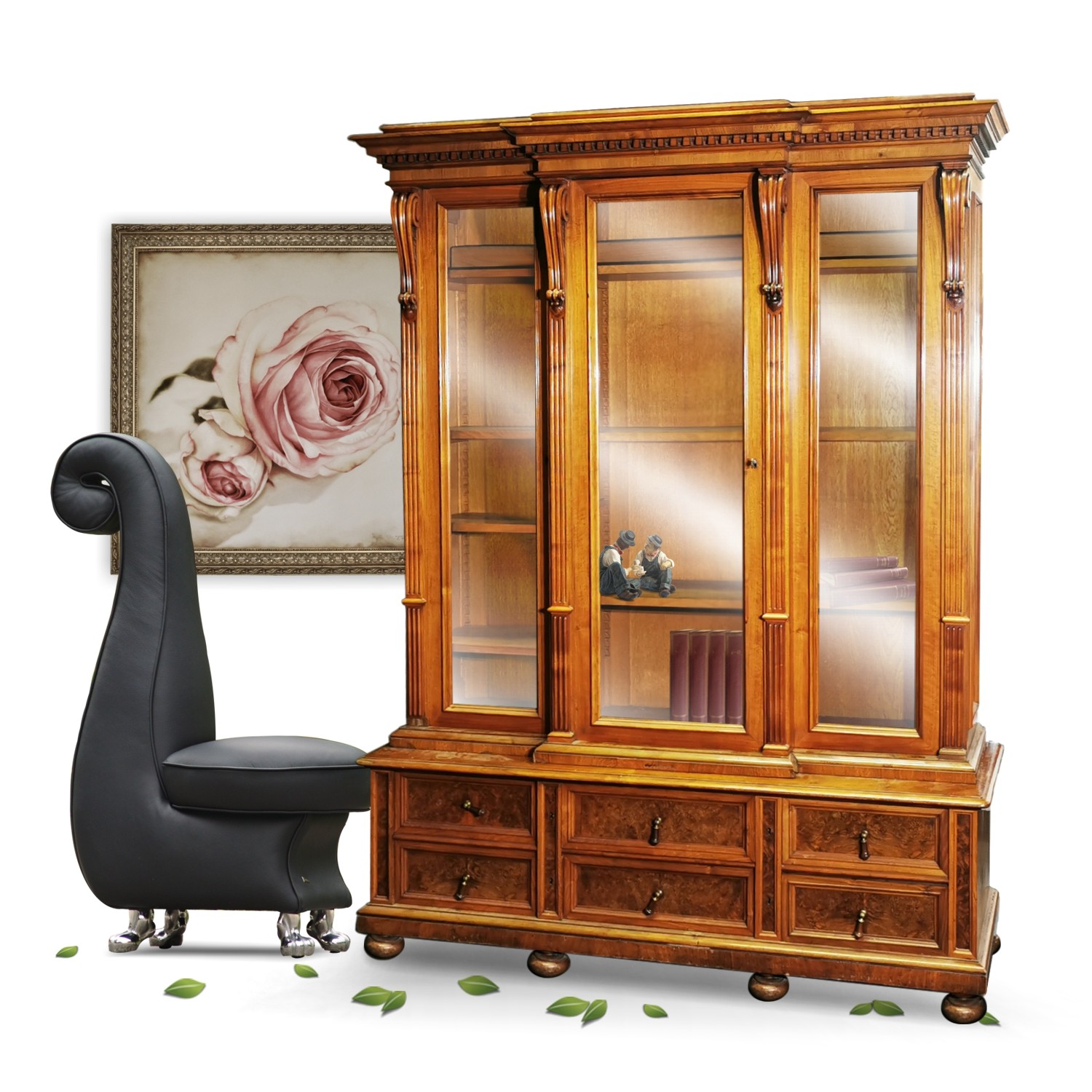 antiker Bücherschrank Vitrine Küchenschrank Nuss Historismus kaufen Shop