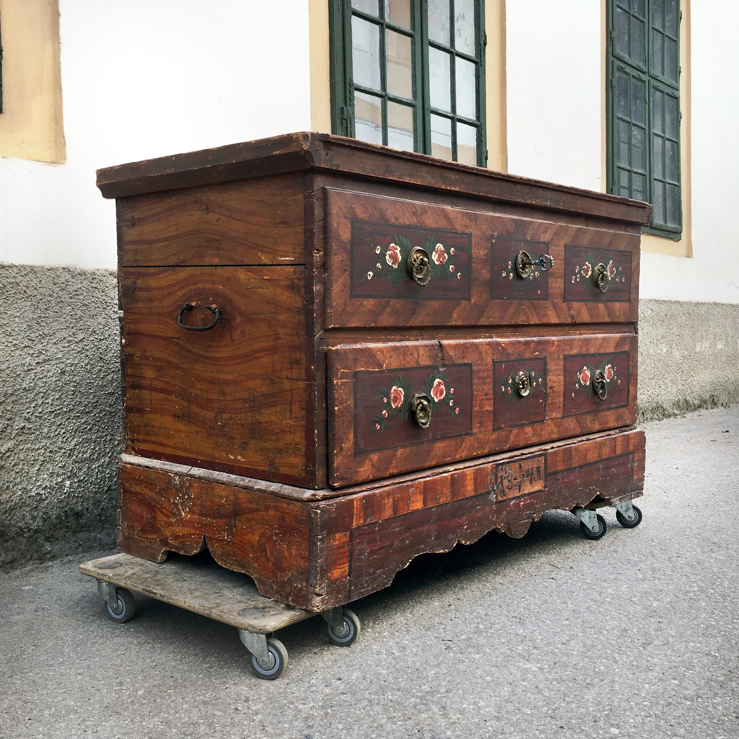 Bauerntruhe Truhe handbemalt antik Flachdeckeltruhe mit Klappdeckel und Lade groß