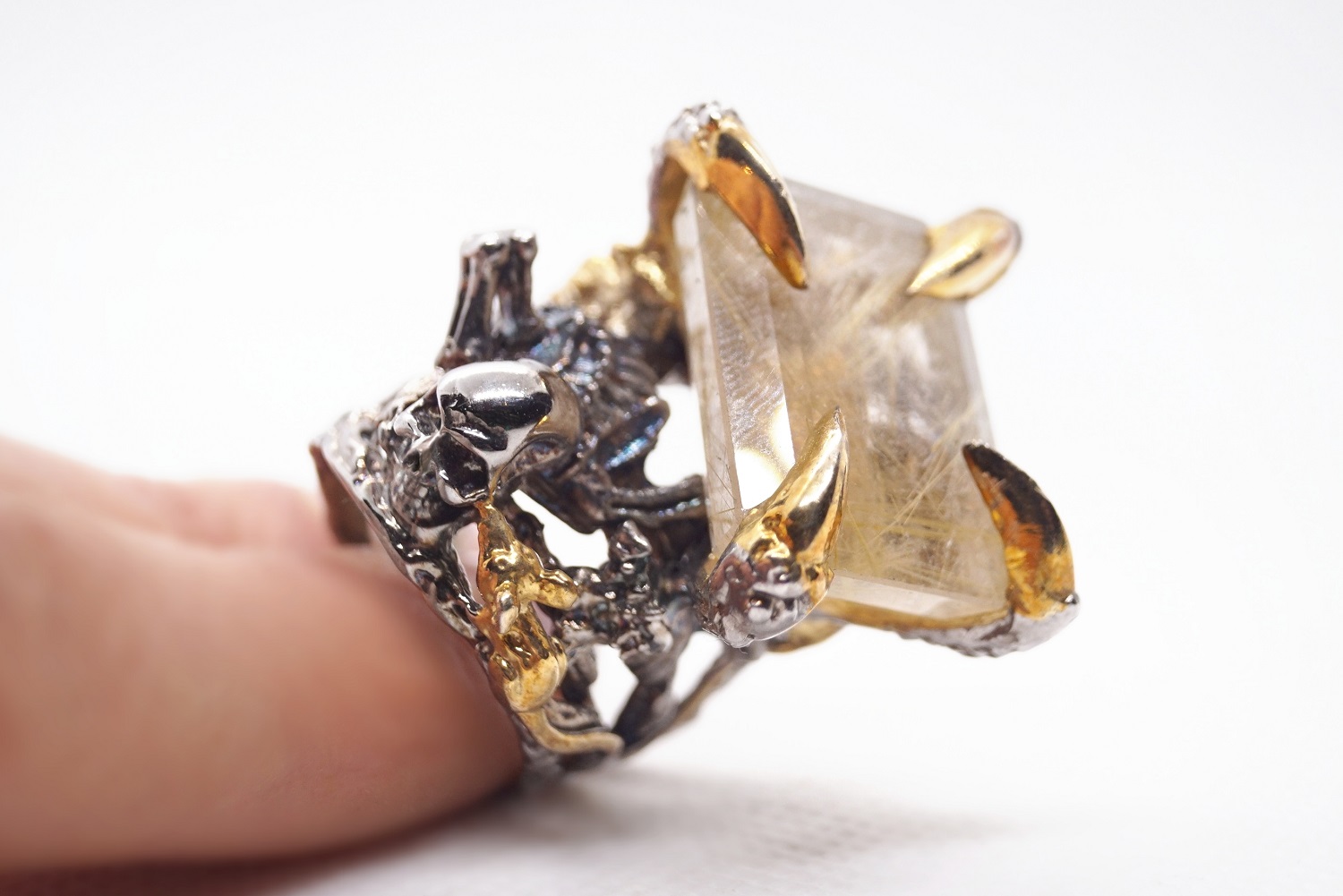 Totenkopf Ring 925 Silber Rutilquarz Edelstein Skelett handgefertigt