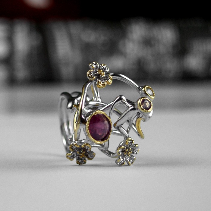 Ring 925 Silber Edelstein multicolor floral Einzelstück handgefertigt, Traumstück!