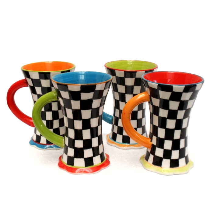 Kaffeebecher Teebecher Retro green checkered "American Diner" Set Retro Becher Keramik handbemalt