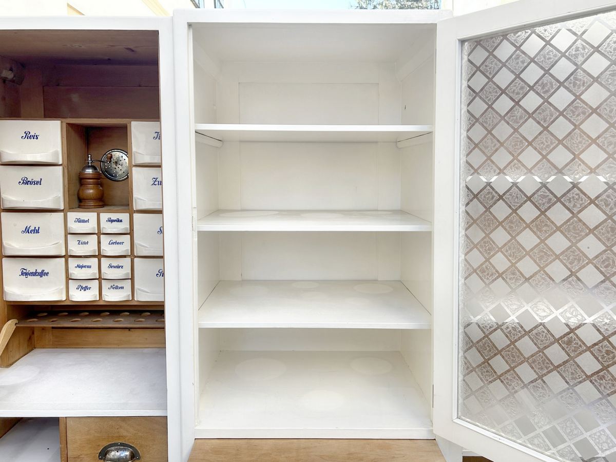 küchenschrank antiker Vorratsschrank Vintage Küchenmöbel Keramikschüttenregal creme MidCentury Deutschland