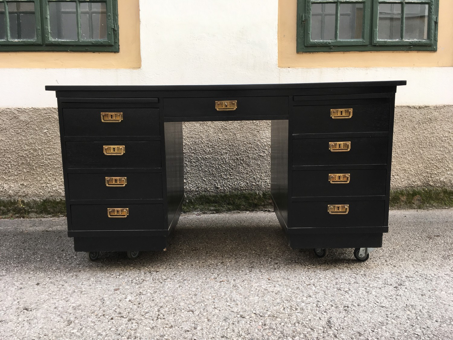 Schreibtisch Jugendstil 1920 antik restauriert, schwarzer Freisteher