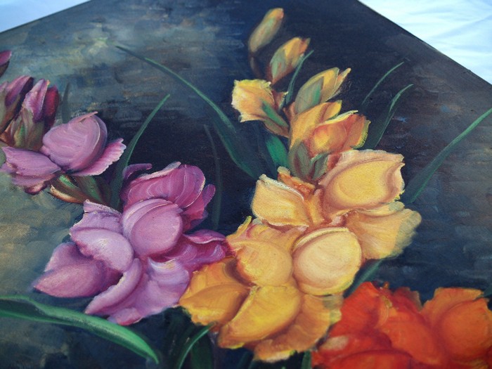 Ölbild vintage STilleben Blumen rosen gladiolen Öl auf Leinen antik rosa gelb grau