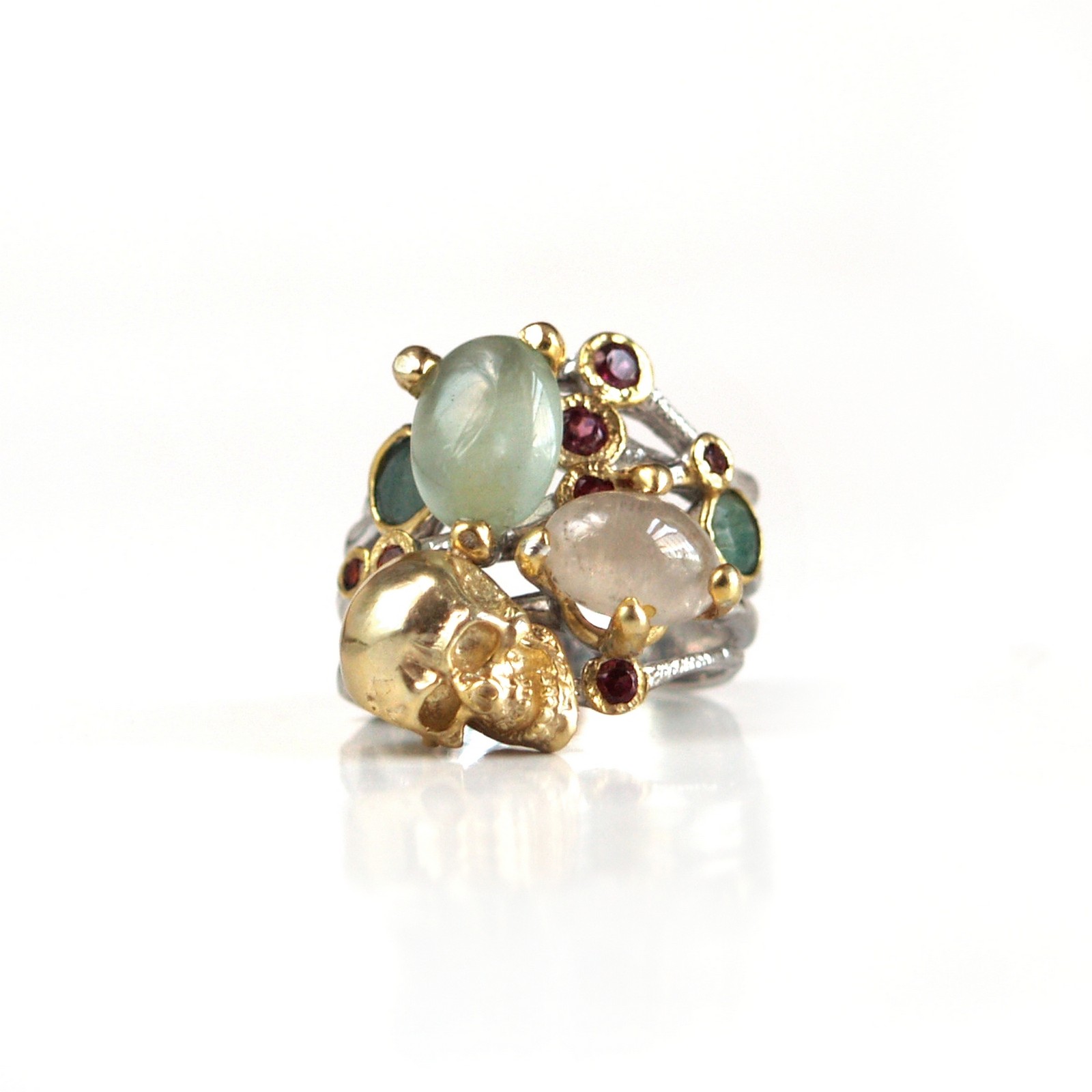 Ring 925 Silber Totenkopf Edelsteine Aquamarin Rhodolit Smaragd