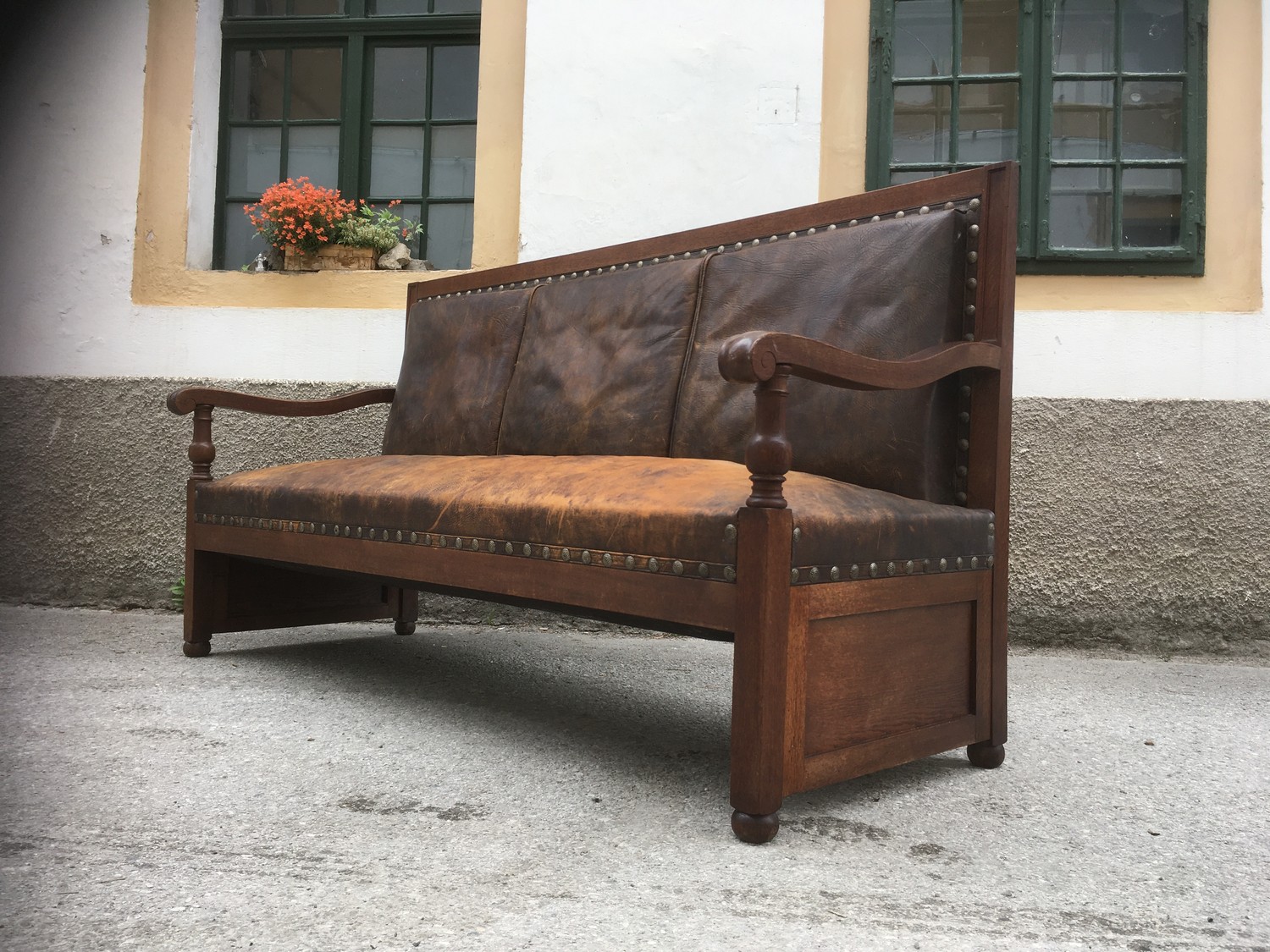 Jugendstil Sitzbank Sofa groß Eiche massiv Leder braun antik