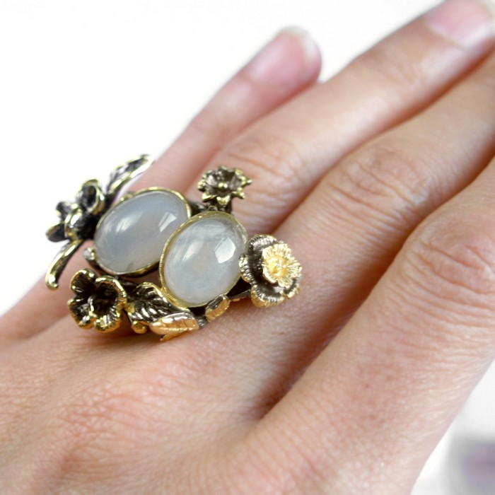 Ring 925 Silber Edelstein Chalzedon floral handgefertigt