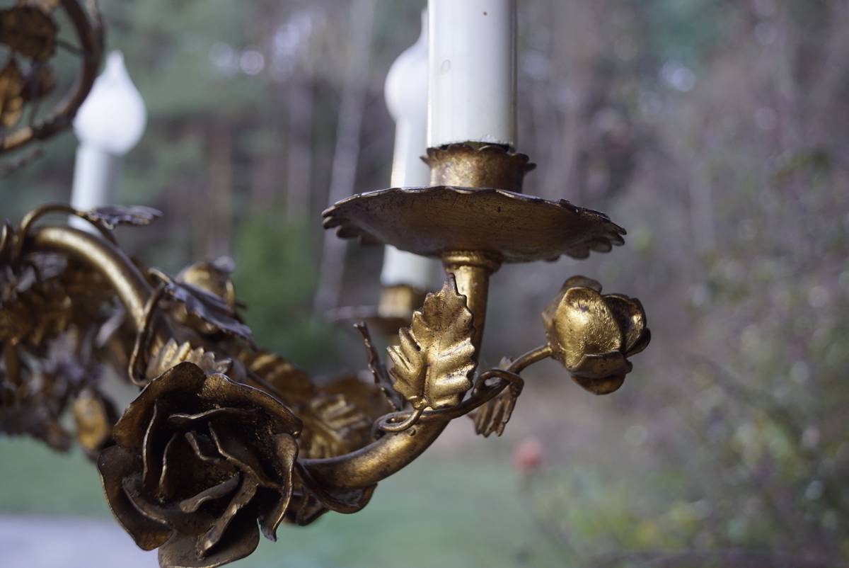 Florentiner Vintage Kronleuchter Rosen vergoldet Jugendstil Mid Century Regency-Stil Kögl