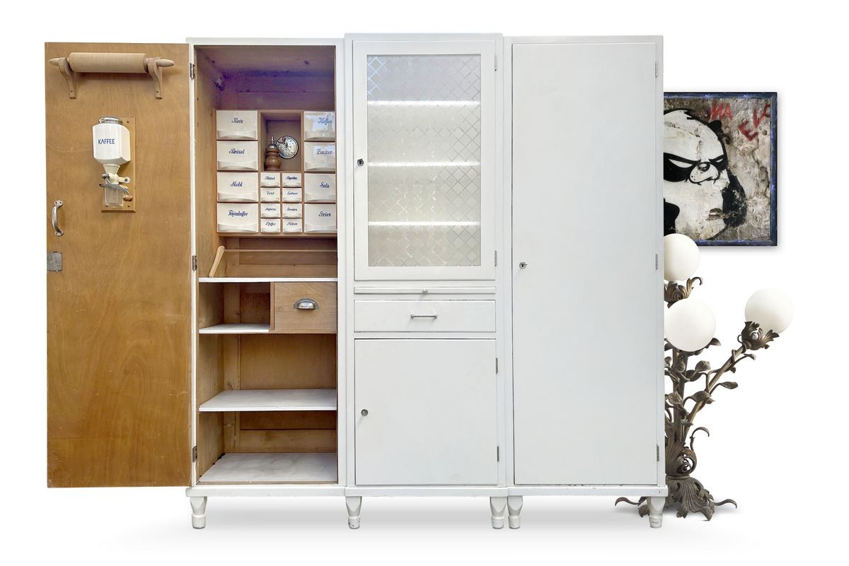 küchenschrank antiker Vorratsschrank Vintage Küchenmöbel Keramikschüttenregal creme MidCentury Deutschland