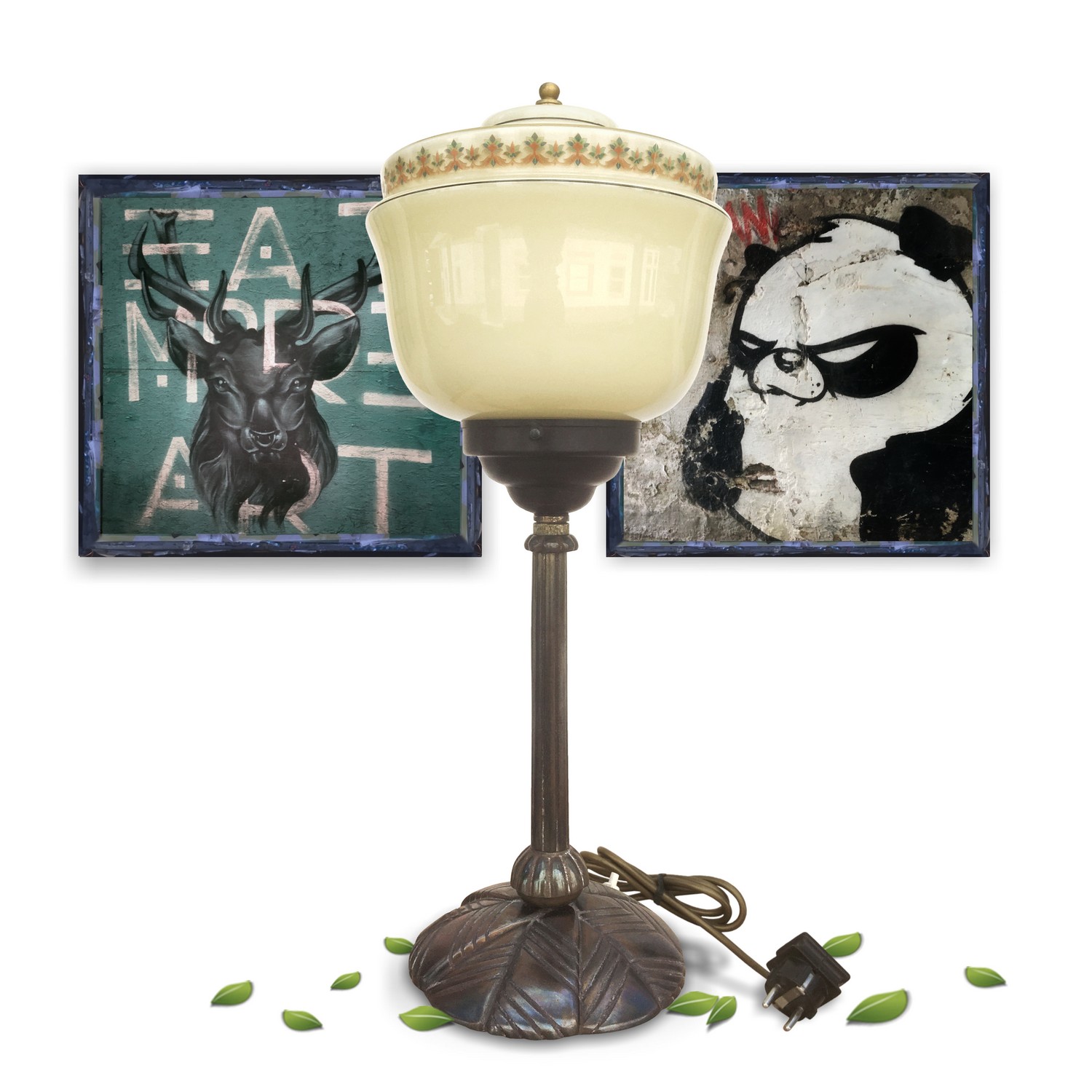 Tischlampe Art Deco Bronze Glasschirm Original mit Marke Tischlampe Art Deco