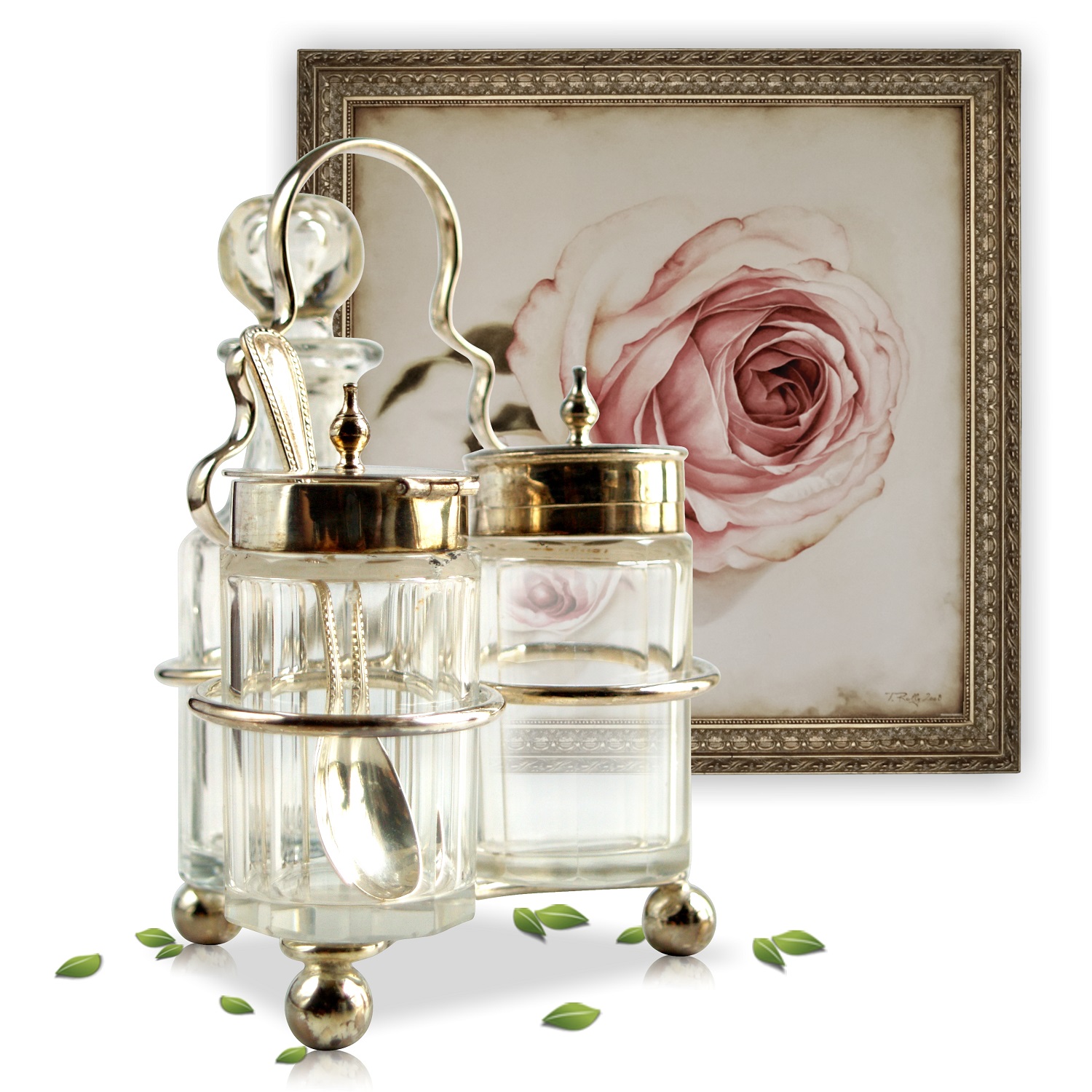MENAGE Salzstreuer Senfdose Ölflasche elegant versilbert EPNS Menage Salz Pfeffer Streuer Kristall versilbert Vintage Geschirr