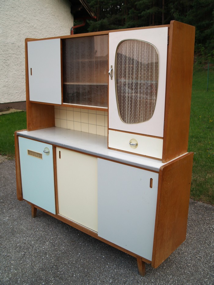 Vintage Küchenschrank Original Retro Möbel Vintage Küchenschrank Pastell Daisy 50er 60er-Jahre rosa blau Kredenz