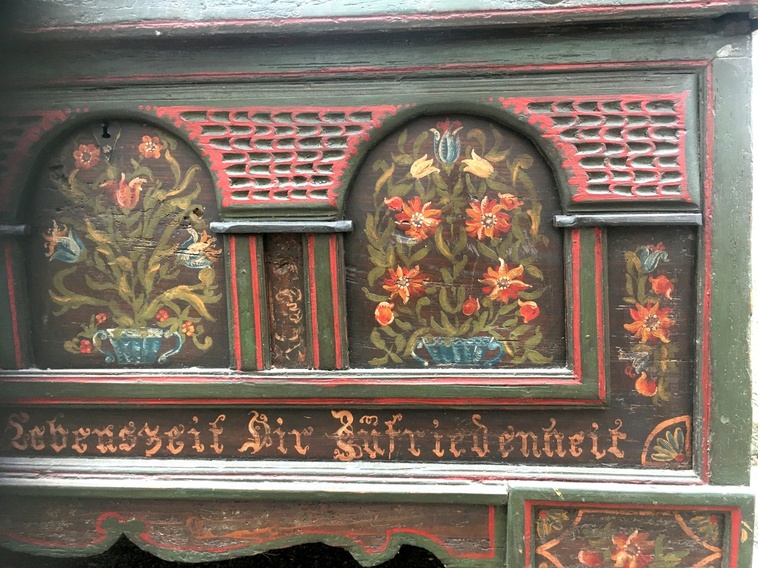 Bauerntruhe handbemalt Truhe provinziell antik 19. Jhdt. gross Weichholz massiv