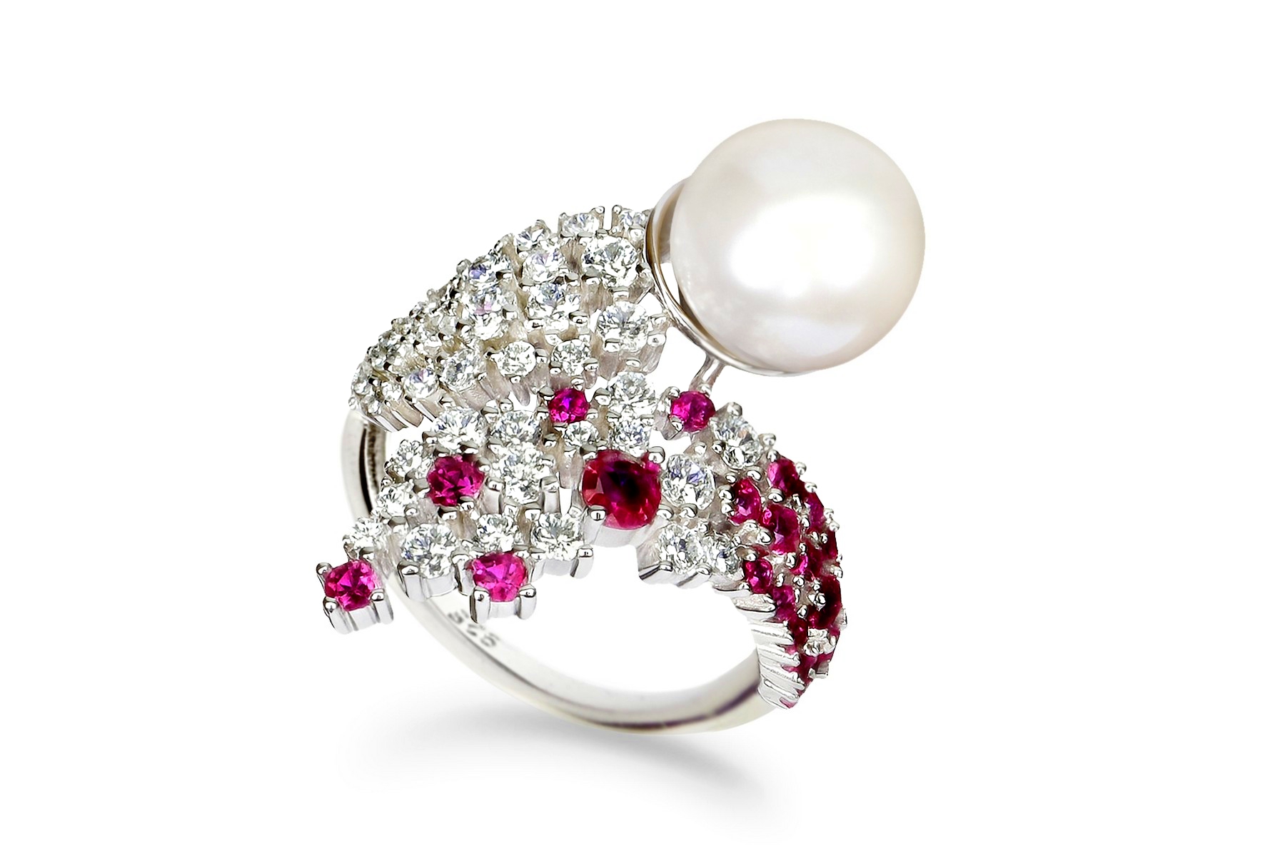 Exquisiter Granat Perlenring, Silber 925, edles Schmuckstück Exquisiter Multicolor Ring, Silber 925 Perlenring Edelsteine Granat 14 Karat Weißgold vergoldet