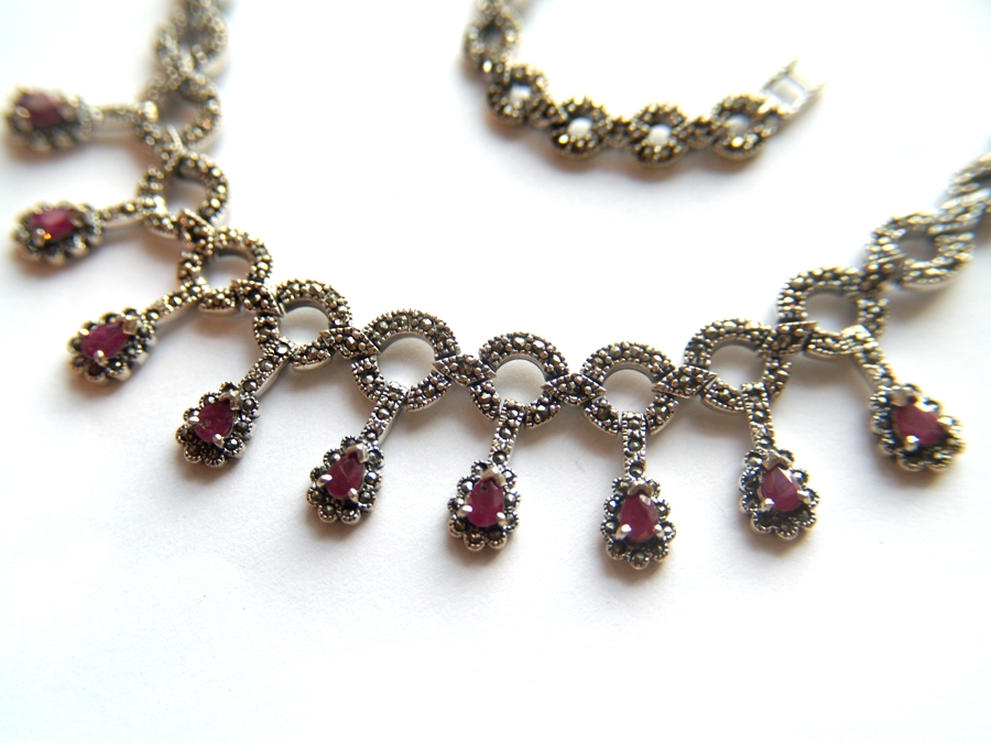 Collier 925 Silber Halskette Edelsteine Trachtenschmuck Rubine handgefertigt Collier Halskette 925 Silber Handarbeit Rubin
