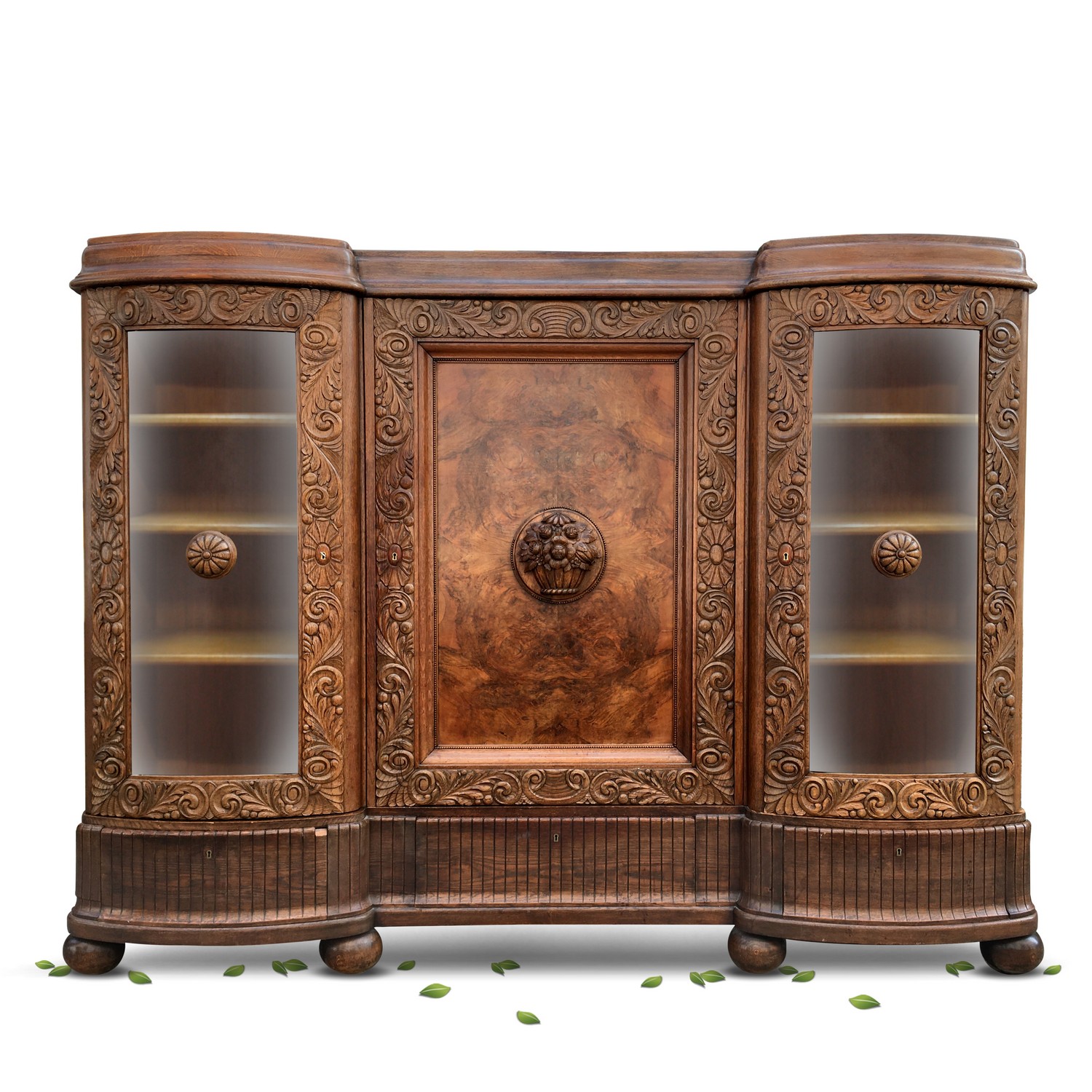 antiker Schrank in Barocker Fertigung Vitrine Bücherschrank - absolut bezaubernd! antiker Bücherschrank beschnitzt Neorennaissance Wurzelholzfurniert Bücherschrank groß Barock