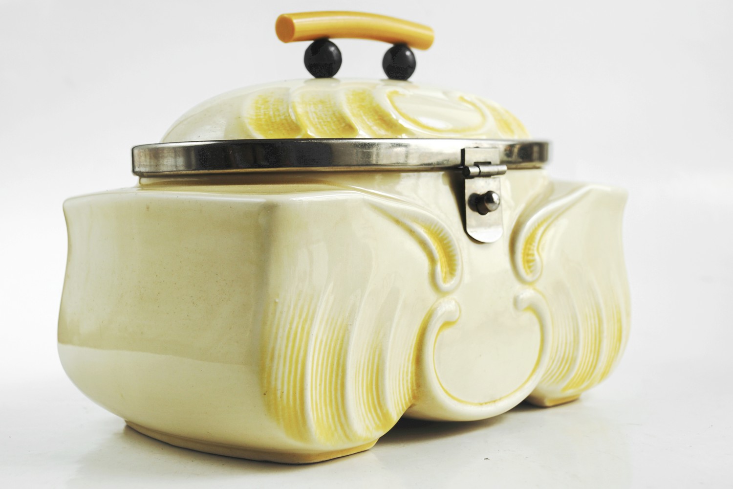 Keksdose antik Deckeldose gelb creme Vorratsdose Art Deco Original