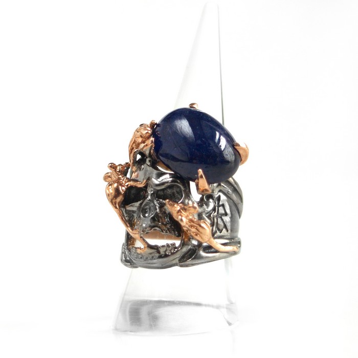 TOTENKOPF 925 Silber Ring blau Saphir HANDARBEIT vergoldete Mäuse