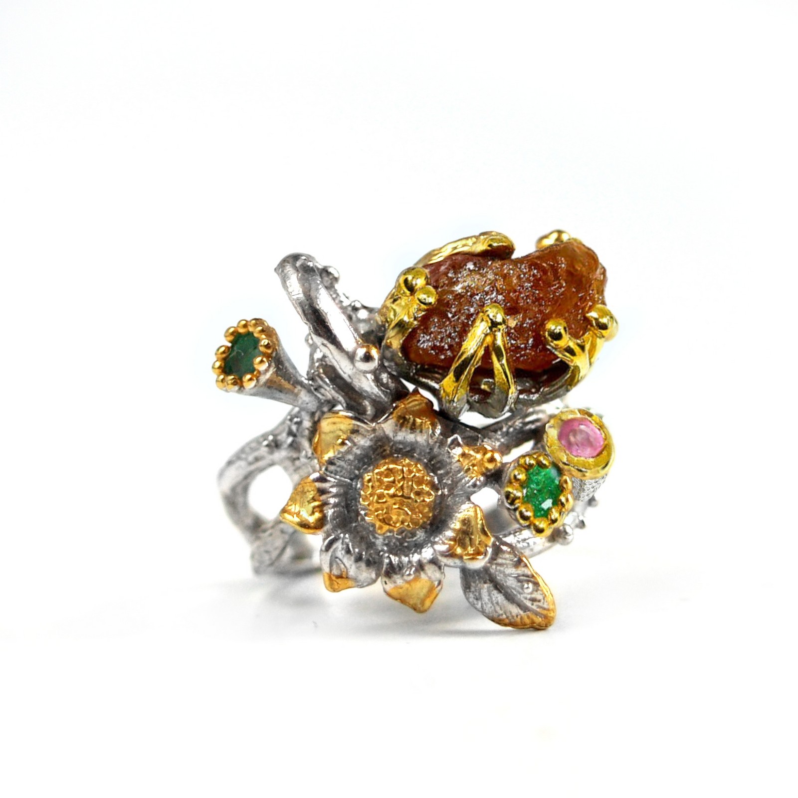 Ring 925 Silber Edelsteine Spessartin Smaragd Rubin floral Ring 925 Silber Edelsteine Spessartin Smaragd Rubin floral