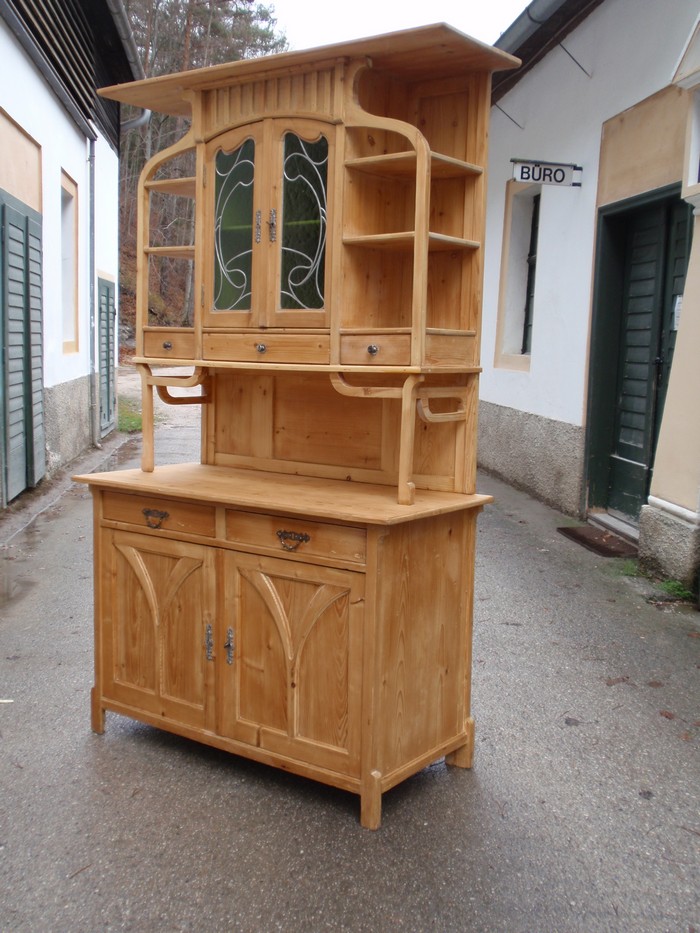 Kredenz Jugendstil antiker Schrank mit Bleiverglasung Weichholz 1920 Anrichte Kredenz MÖbel