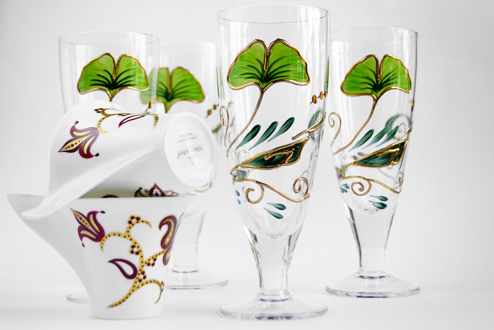 Pfiff Biergläser Nagel Kristallgläser Ginko Traumwelten bemalt grün gold