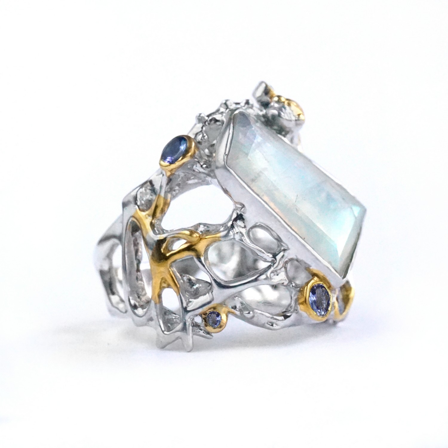 Ring 925 Silber Mondstein natürlich Tansanit Saphir Handarbeit