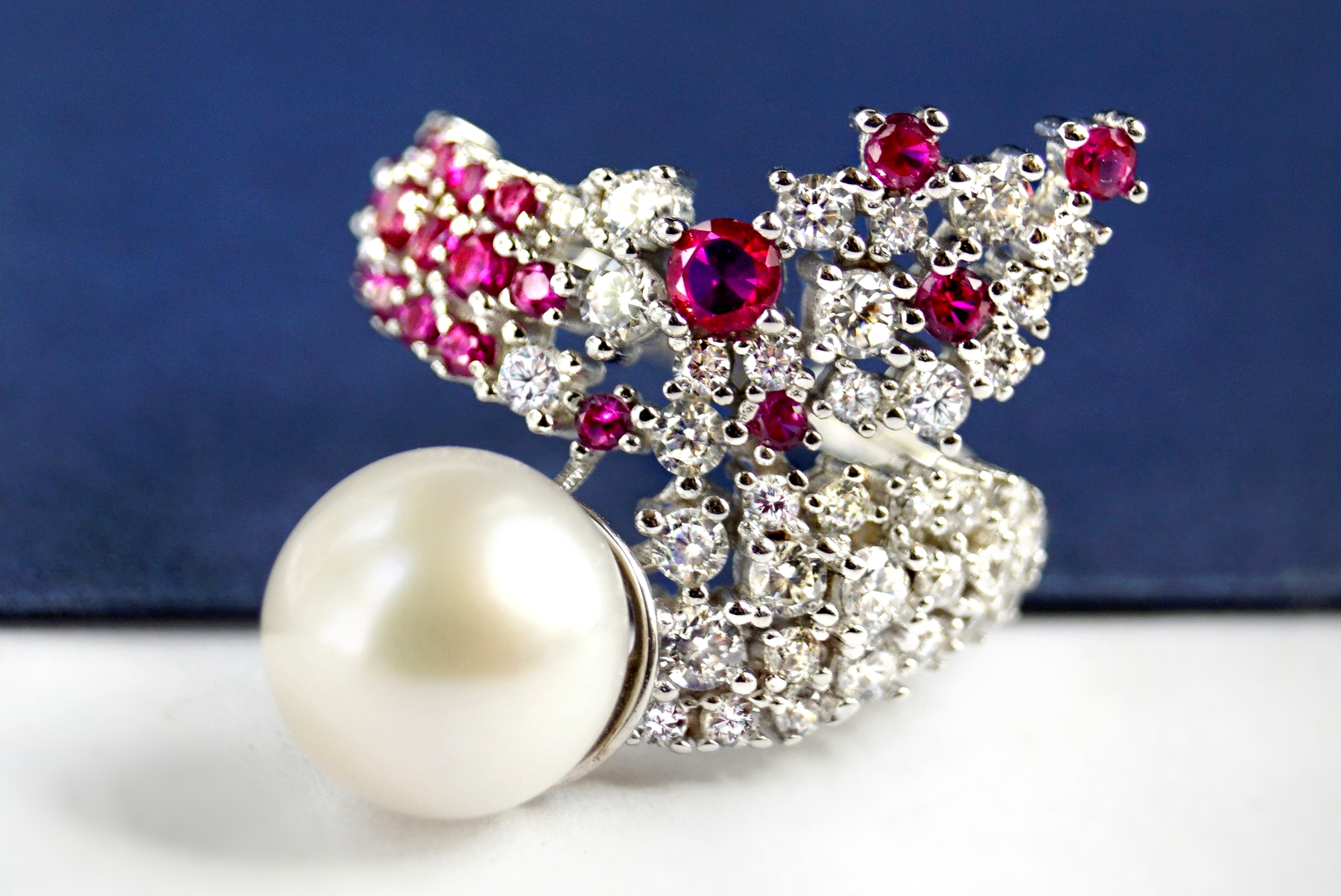 Exquisiter Multicolor Ring, Silber 925 Perlenring Edelsteine Granat 14 Karat Weißgold vergoldet