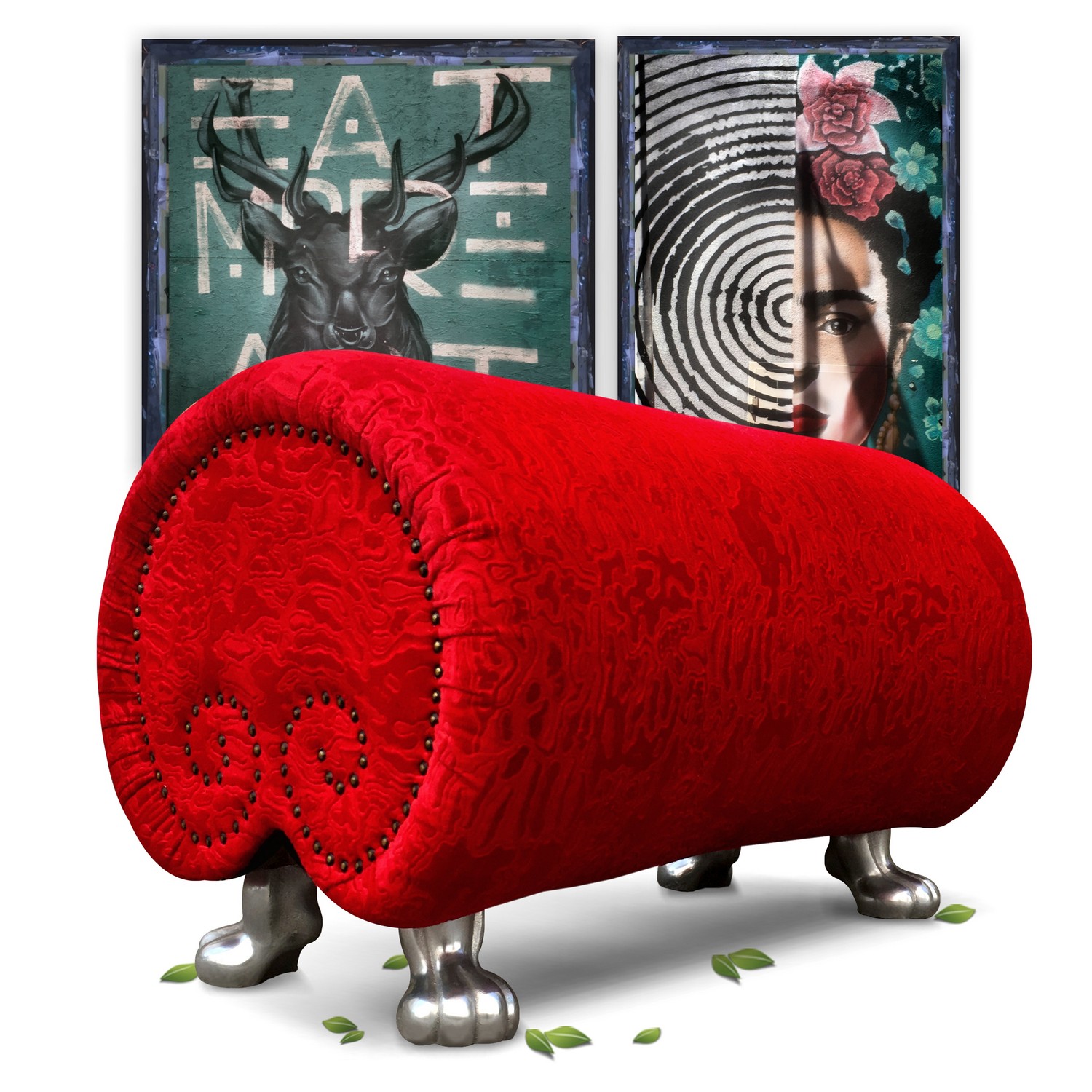 BRETZ Gaudi Hocker Fusshocker rot Struktursamt Designklassiker Bretz Hocker zum Sofa od Stuhl rot Stuktursamtstoff polierte Tatzen