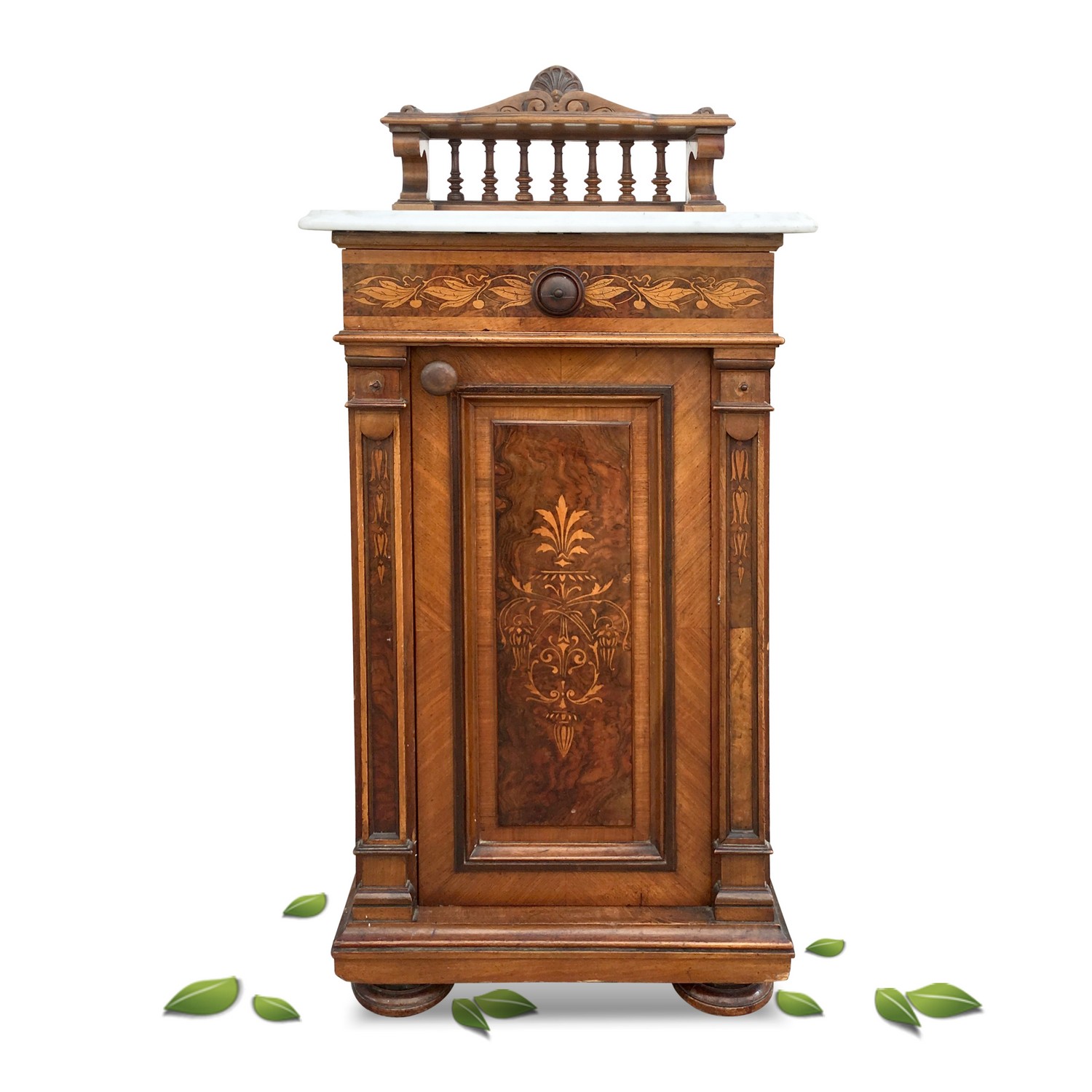Schrank antik Nachtschrank Marmorplatte Kästchen Nussholz Intarsien Schrank antik Nuss