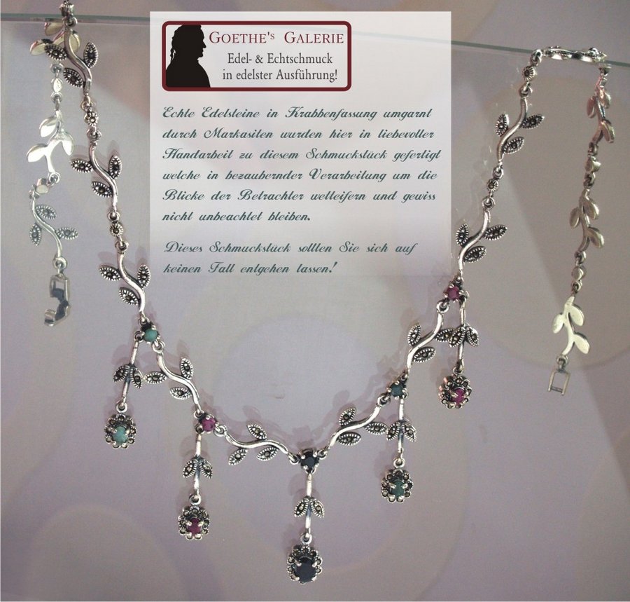 Collier Halskette floral 925 Silber Handarbeit Rubin Saphir Smaragd