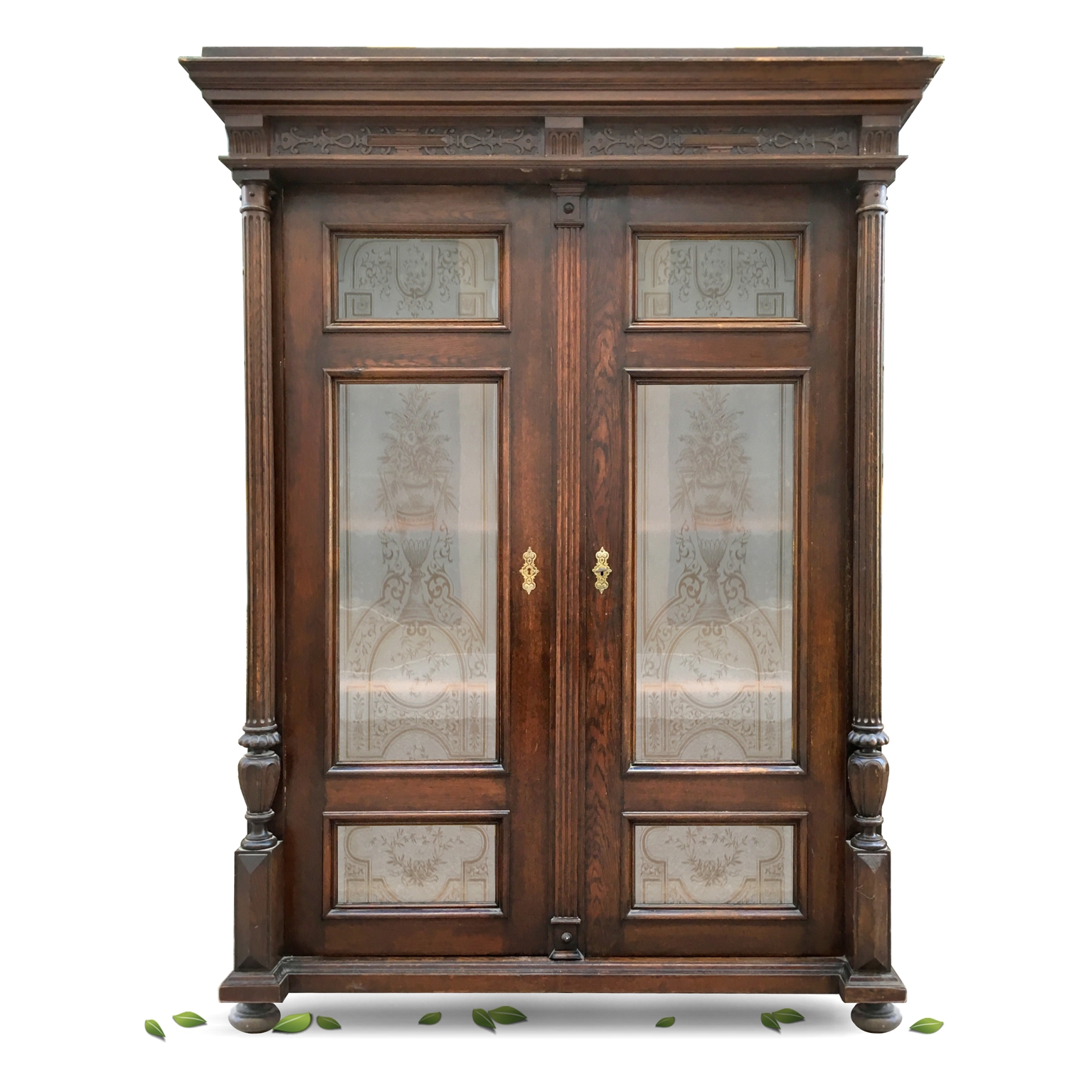 Schrank antik Gründerzeit furniert Vitrine Bücherschrank Geschirrschrank Vitrine antik Bücherschrank beschnitzt Kleiderschrank Antiquität Garderobe Möbel