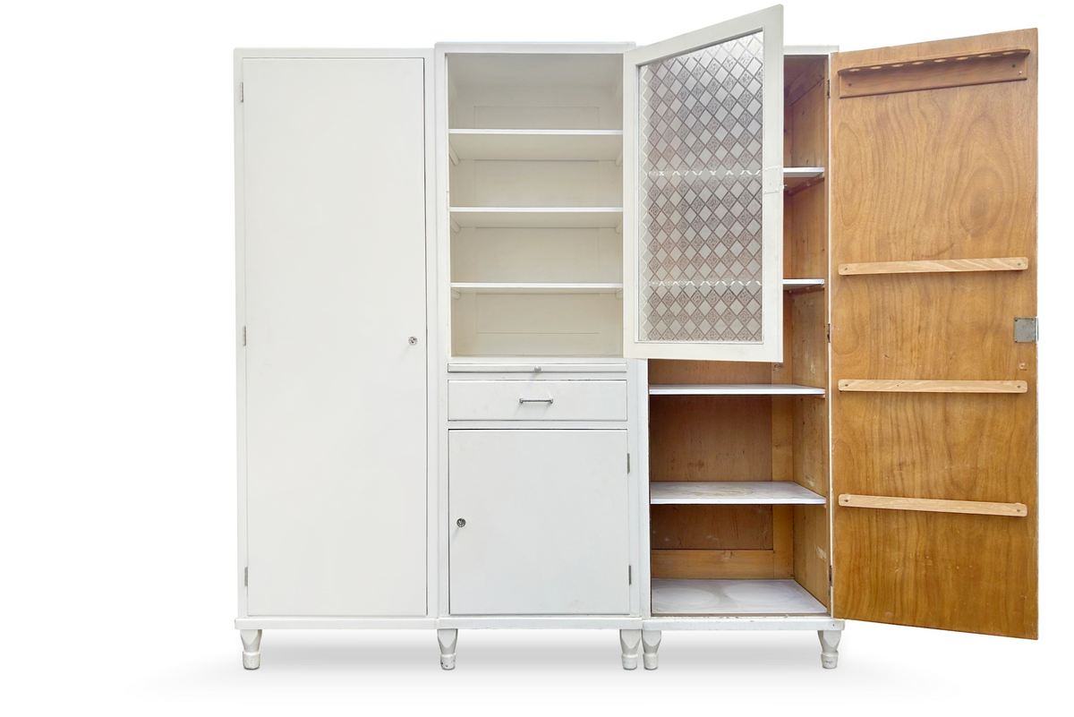 küchenschrank antiker Vorratsschrank Vintage Küchenmöbel Keramikschüttenregal creme MidCentury Deutschland