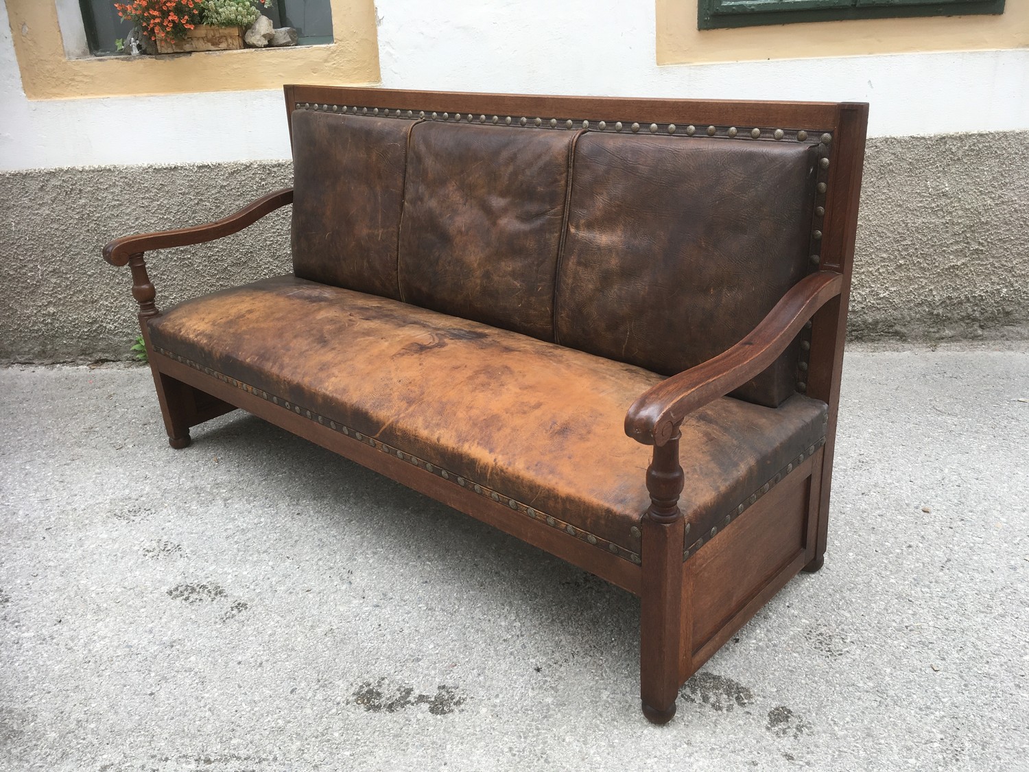 Jugendstil Sitzbank Sofa groß Eiche massiv Leder braun antik