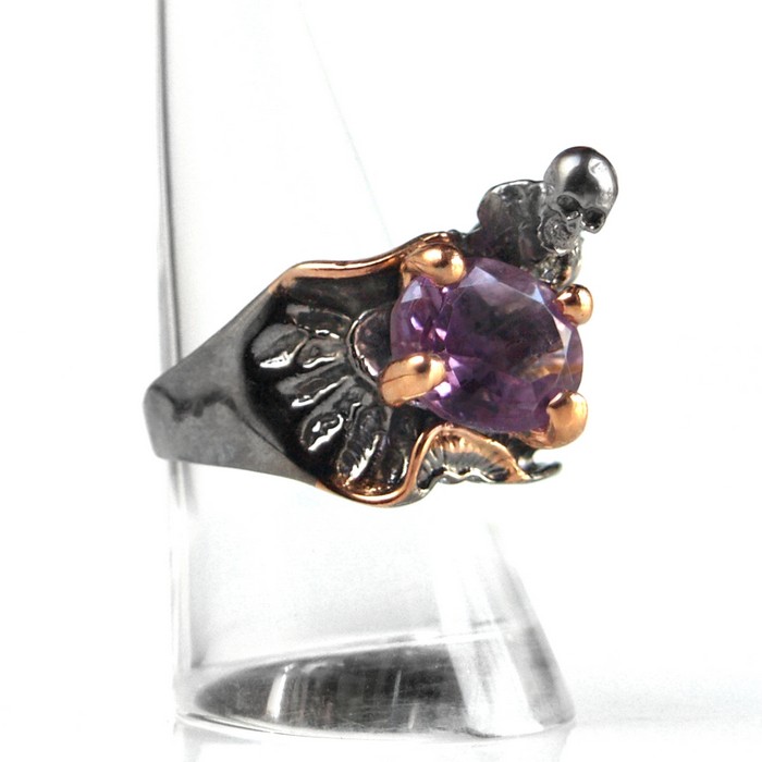 Ring Silber Skelett Amethyst 925 Edelsteine handgefertigt Juweliersarbeit Totenkopf