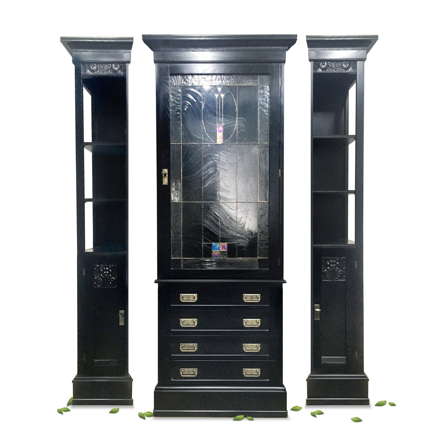 Schrank Jugendstil Buffet dreiteilig Anrichte schwarz Bleiverglasung Selva