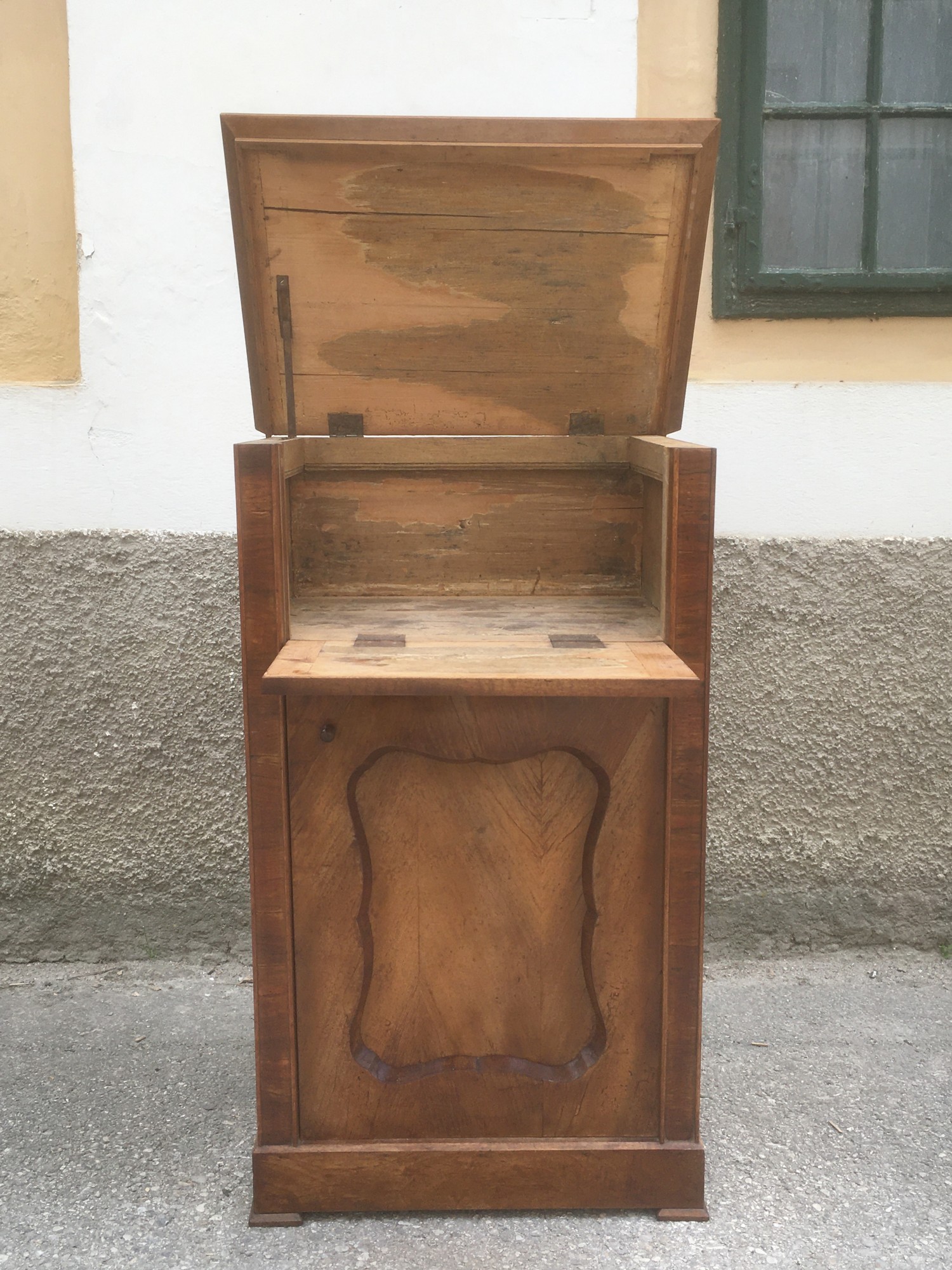 Sekretär klappdeckel schmal Schrank kleiner Vintage Schrank Halbschrank Vollholz Biedermeier Kommode Waschtisch Deckel aufklappbar antik Truhe Brezelschrank