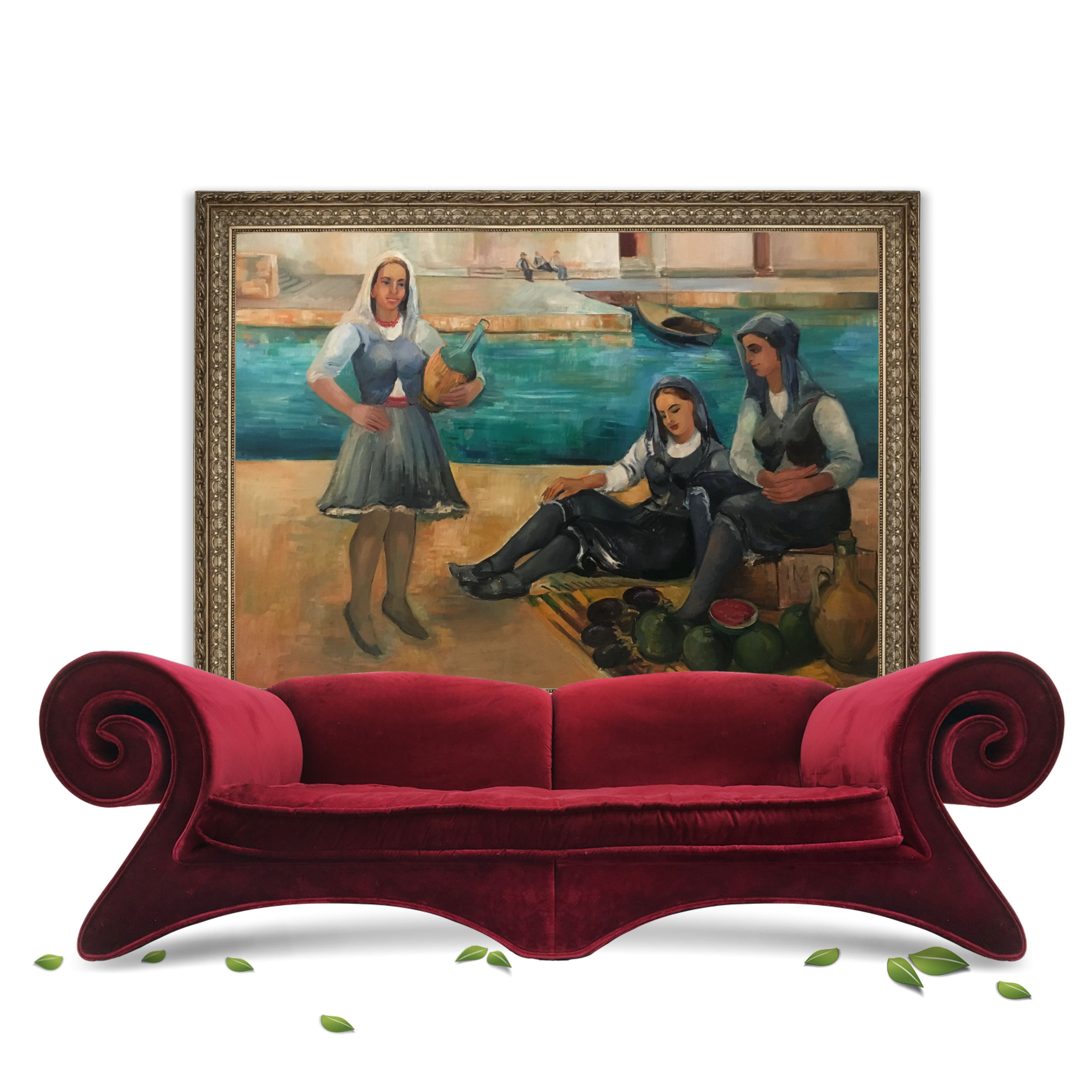 Bretz Mammut rot Ölbild großes Gemälde Portrait Frauen am Fluß handgemalt antik