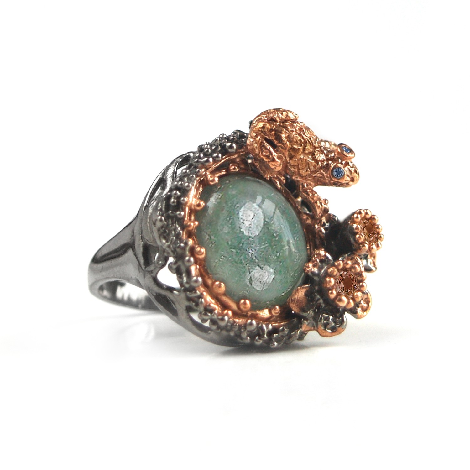 Ring 925 Silber Edelstein Saphir grün Frosch Märchenwald handgefertigt