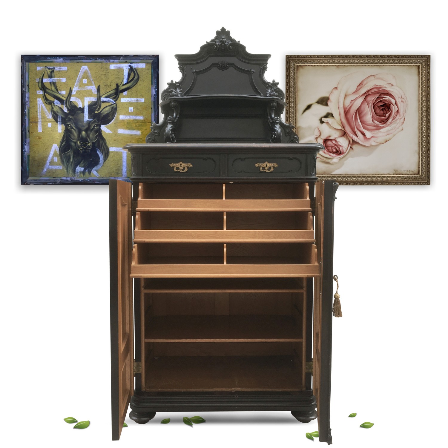 Vertiko antik schwarz Schrank Antiquität Möbel 1980 Planschrank Gruenderzeit