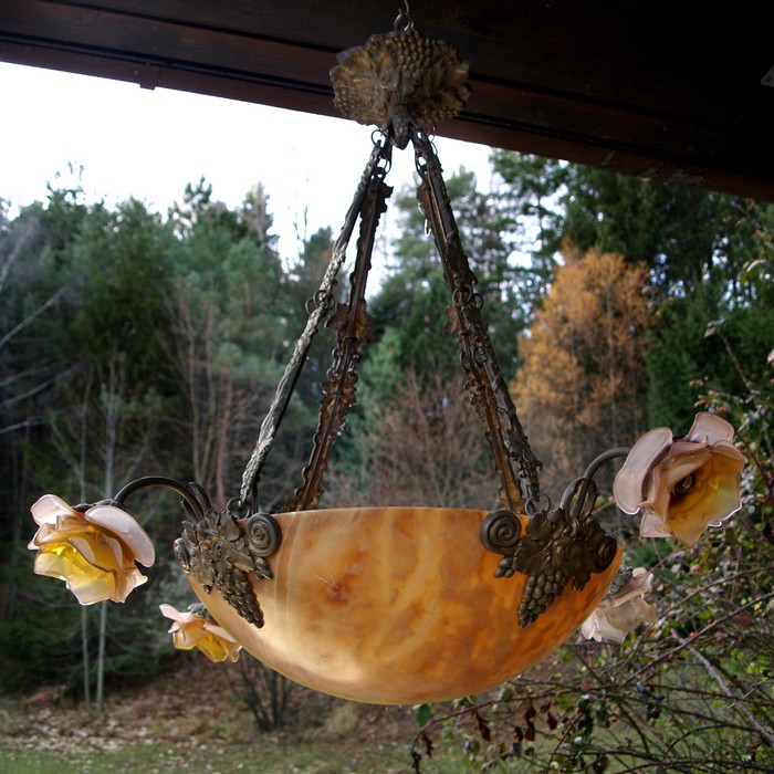 Antike Lampe Vintage Kronleuchter Antiquität Glasblumen Messing Blumen Antike Lampe Vintage Kronleuchter Antiquität Glasblumen Messing Blumen