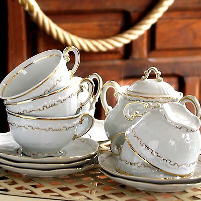 Zsolnay Kaffeeset, große Kaffeetassen, Zuckerdose, 13-teilig Relief golden TOP